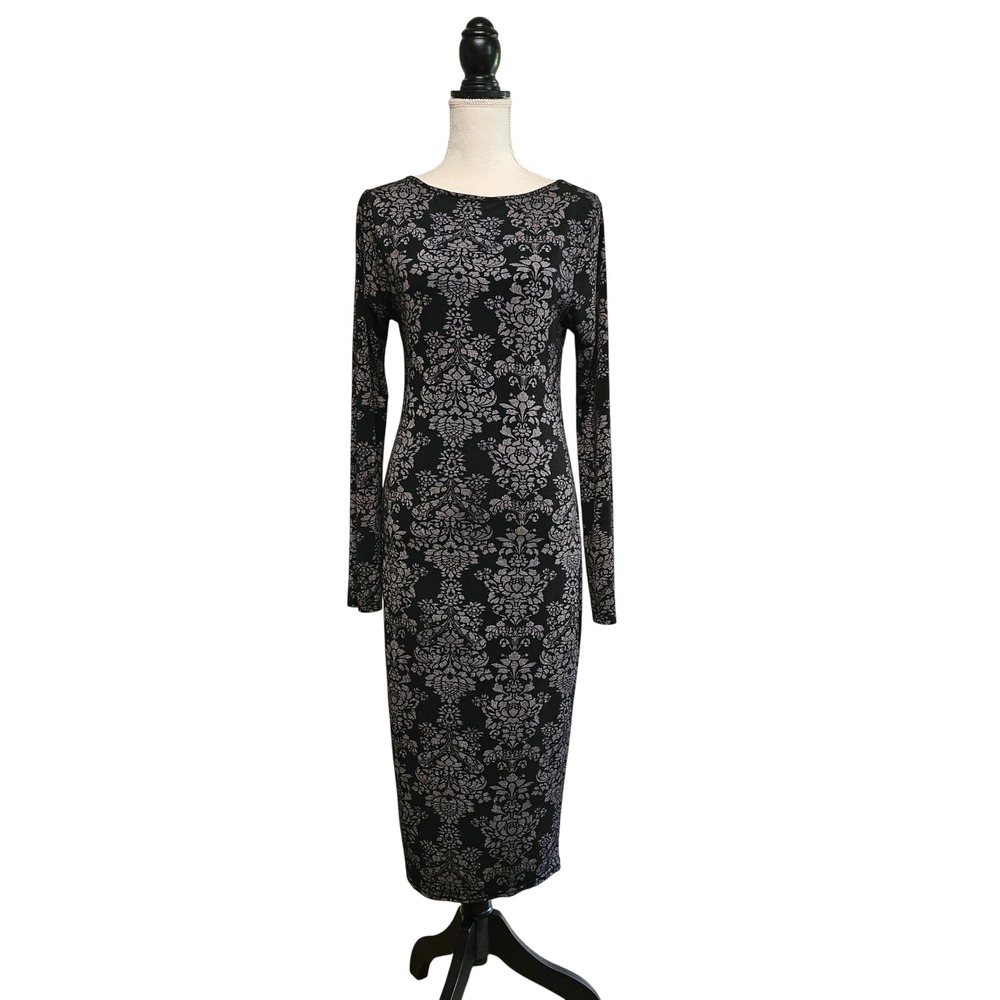 Boohoo Black & Silver Damask Bodycon Midi Dress Size 10 Glam Goth Romantic